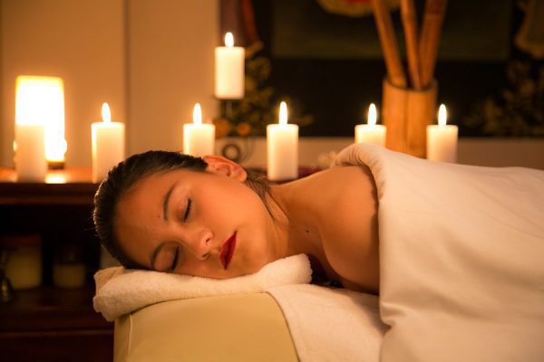 Vrouw die op een massage tafel ligt ingedekt met een handdoek tijden de opleiding fibromyalgie massage van Blue Sage
