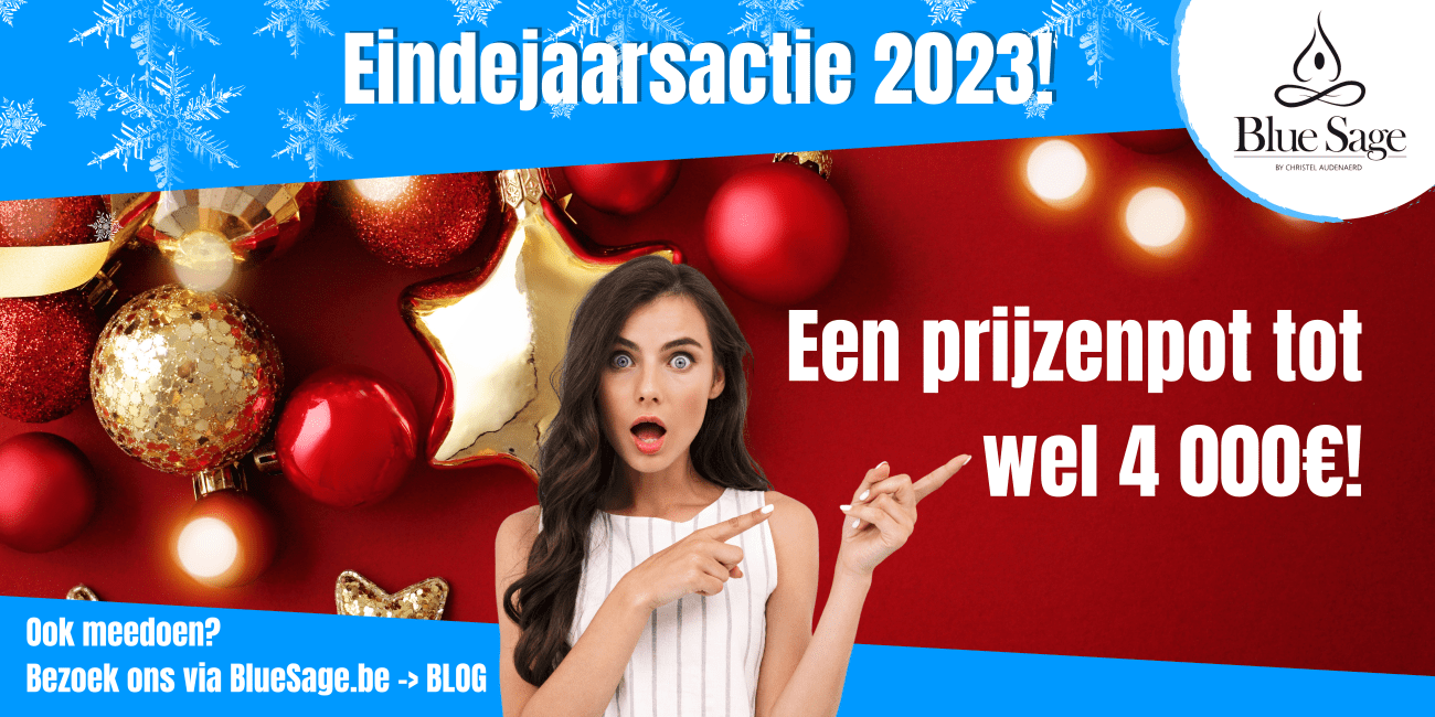 Banner met informatie over de eindejaarsactie van Blue Save 2023 met een prijzen pot to wel 4000 euro